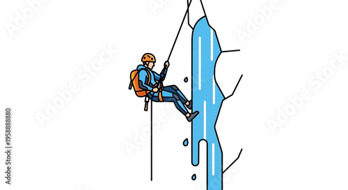 Adventurous Climber Descending A Waterfall With Ropes