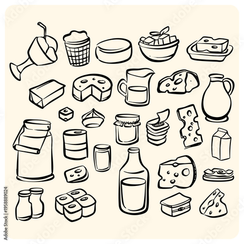 Collection of Dairy Products and Cheese Doodles in Hand Drawn Style