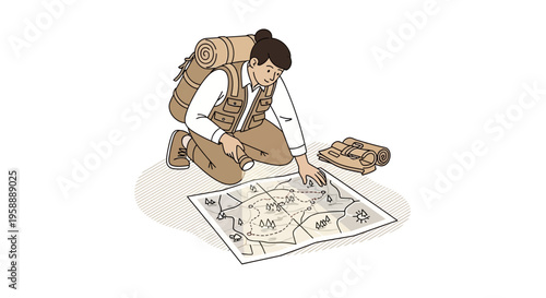 Adventurous Explorer Consults Detailed Terrain Map Planning Expedition