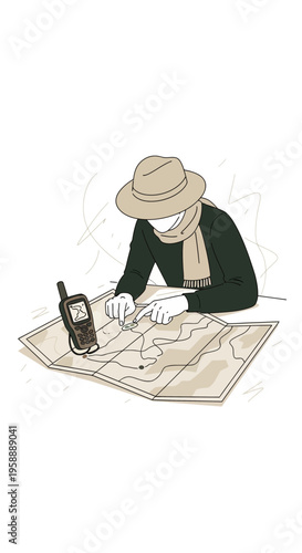 Adventurous Explorer Consulting Vintage Map And GPS Device On Table For Expedition Planning