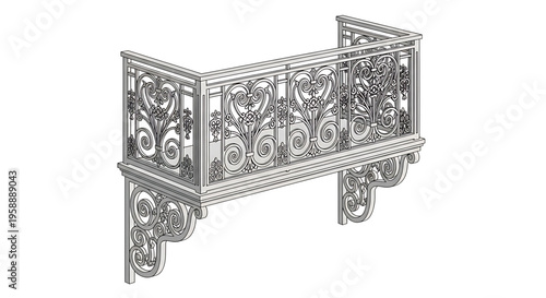An ornate metal railing with intricate floral designs and scrollwork, perfect for decorative purposes in architecture and interior design.