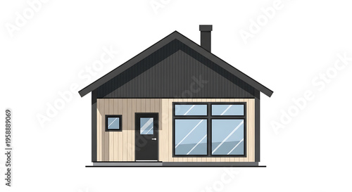 A modern, minimalist vector illustration of a small house with a black roof and chimney