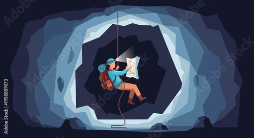 Adventurous Explorer Descends Into Dark Cave Consulting Map