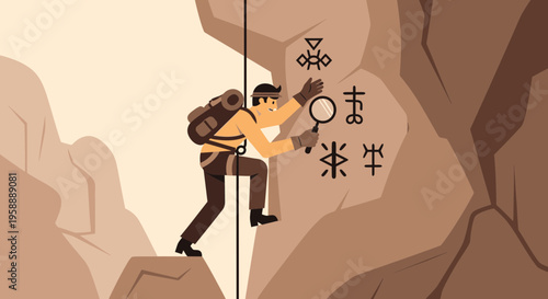 Adventurous Explorer Deciphers Ancient Mountain Symbols With Magnifying Glass