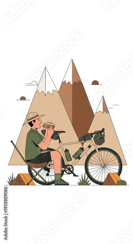 Adventurous Cyclist Enjoying a Meal Amidst Majestic Mountain Peaks