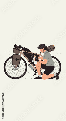 Adventurous Cyclist Prepares For A Journey Packed Bicycle Ready For Expedition