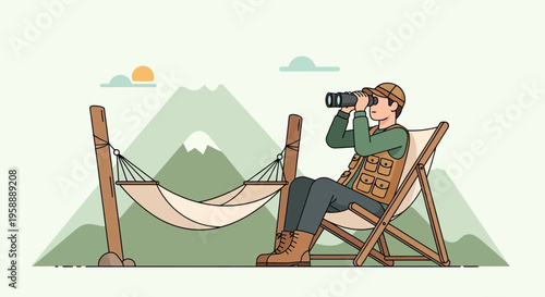 Adventurous Explorer Gazes Through Binoculars Enjoying Mountain Scenery