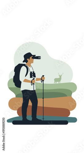 Adventurous Explorer Gazes Through Binoculars At Distant Wildlife In Scenic Landscape