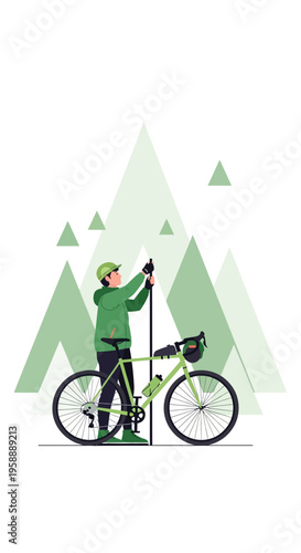 Adventurous Cyclist Prepares for Mountain Journey on Bicycle