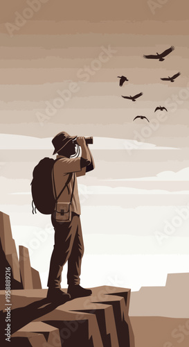 Adventurous Explorer Gazes At Distant Horizons With Binoculars