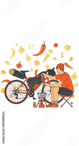 Adventurous Cyclist Prepares Fresh Meal Amidst Vibrant Produce