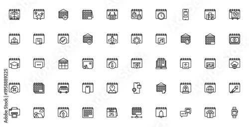 Calendar icon set. Vector illustration for events, holidays, and planning. Includes restaurant, travel, shopping, graduation, schedule, vacation, smartphone, and more. Editable stroke.