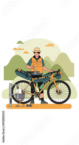 Adventurous Cyclist Prepares Meal Amidst Scenic Mountain Landscape Illustration
