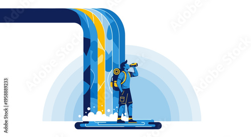 Adventurous Explorer Gazing Through Binoculars At Cascading Waterfalls