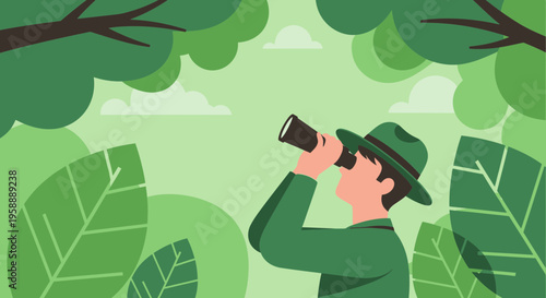 Adventurous Explorer Gazing Through Binoculars in a Lush Green Forest Scene