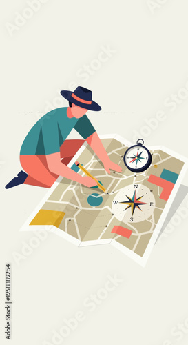 Adventurous Explorer Planning A Journey With Detailed Map And Compass Guidance