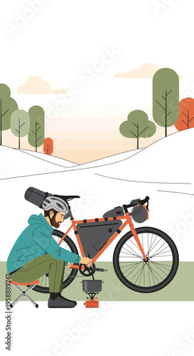 Adventurous Cyclist Prepares Meal On Rugged Bike Tour Expedition