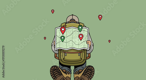 Adventurous Explorer Planning A Trek With A Detailed Map And Pins