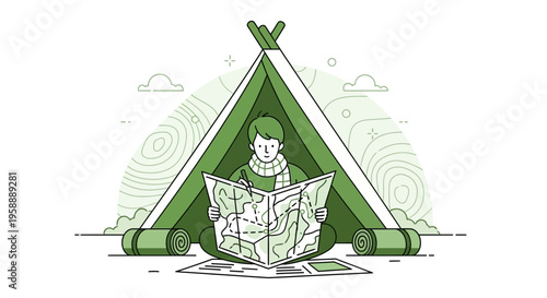 Adventurous Explorer Planning Expedition Inside Cozy Tent Environment