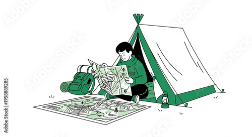 Adventurous Explorer Planning Expedition Inside Tent With Maps