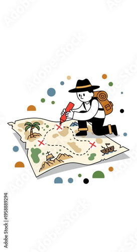 Adventurous Explorer Planning Expedition On Vintage Treasure Map