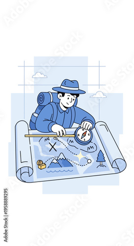 Adventurous Explorer Planning Expedition With Map and Compass Illustration