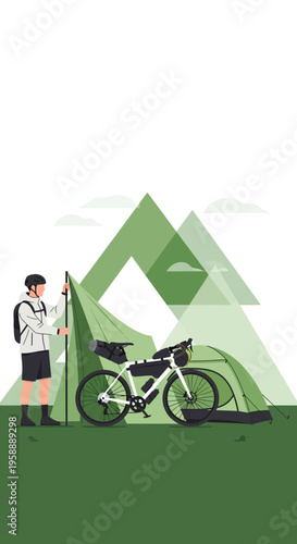Adventurous Cyclist Sets Up Tent Amidst Scenic Mountain Landscape