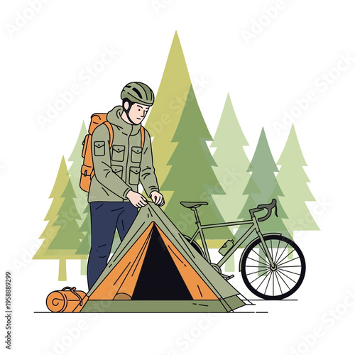 Adventurous Cyclist Sets Up Camp Amidst Verdant Forest Landscape