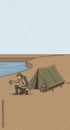 Adventurous Explorer Kneels Beside Camped Tent with Sword by Water
