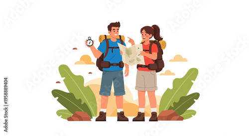 Adventurous Duo Navigating Wilderness With Map And Compass