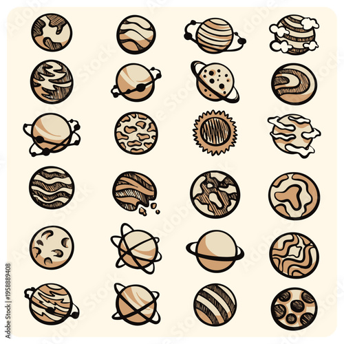 Cosmic Planet and Celestial Body Illustration Set in Vintage Style