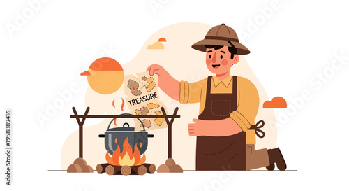 Adventurous Explorer Preparing Campfire Meal Holding Ancient Treasure Map