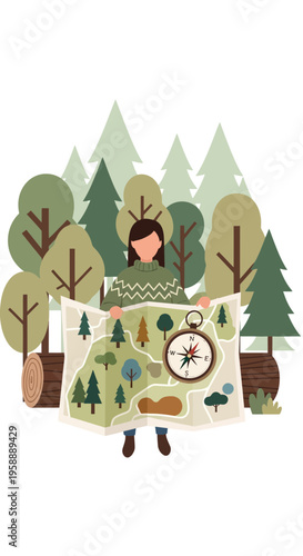 Adventurous Explorer Navigates Forest Terrain With Detailed Map