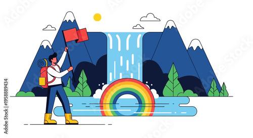 Adventurous Explorer Reaches Summit With Double Flags Over Waterfall And Rainbow