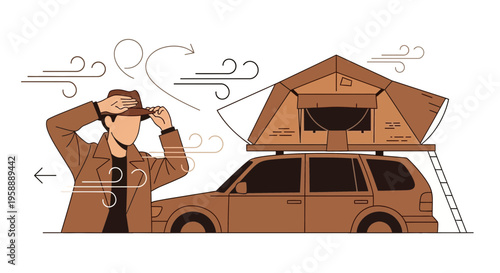 Adventurous Explorer Secures Hat Against Wind Near Rooftop Tent Car