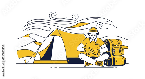 Adventurous Explorer Setting Up Camp Amidst Stylized Desert Dunes