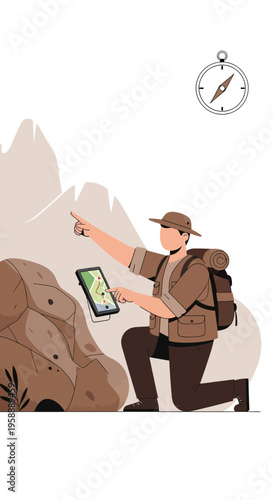 Adventurous Explorer Navigates Rugged Terrain Using Digital Map And Compass
