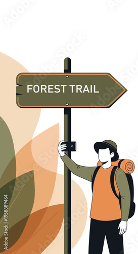 Adventurous Explorer Begins Journey On Scenic Forest Trail Sign