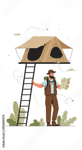 Adventurous Explorer Ascends To Elevated Camping Sanctuary For Scenic Getaway