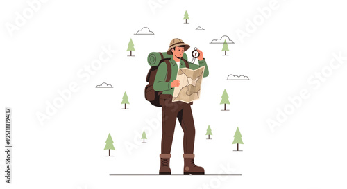 Adventurous Explorer Navigates Terrain With Map and Compass