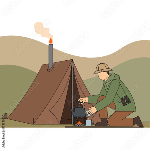 Adventurous Explorer Brewing Hot Beverage Beside Cozy Tent in Wilderness