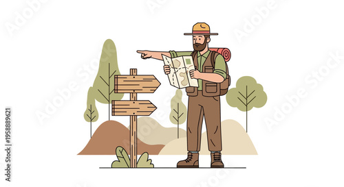 Adventurous Explorer Navigates With Map At Wilderness Crossroads