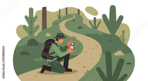 Adventurous Hiker Consults Compass On Winding Forest Trail