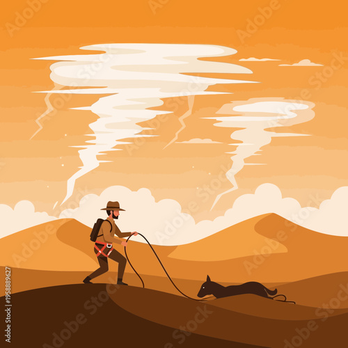 Adventurous Explorer Trekking Through Sandy Dunes With Loyal Canine Companion