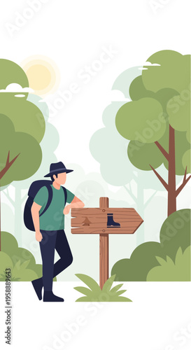 Adventurous Hiker Consults Directional Signpost in Lush Forest Setting