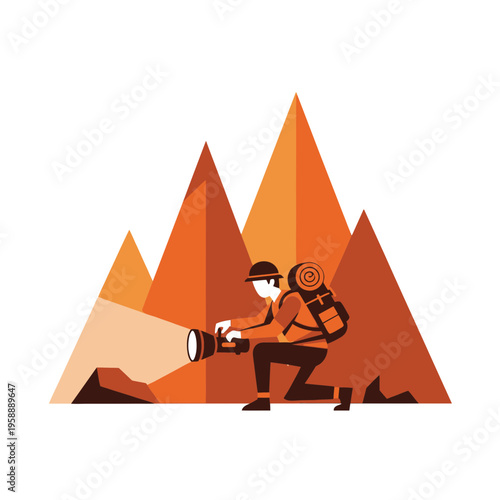 Adventurous Explorer With Backpack And Flashlight Discovering Mountainous Terrain