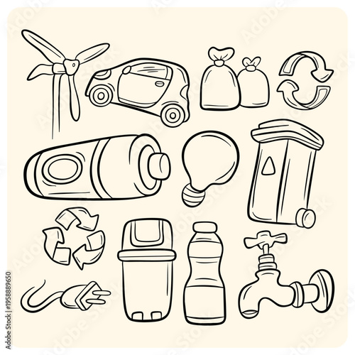 Ecology and green energy save the planet doodle line art