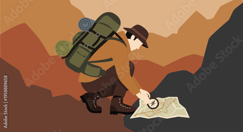 Adventurous Hiker Consults Map and Compass Amidst Rugged Terrain