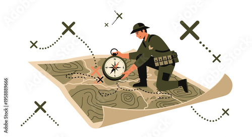 Adventurous Explorer With Compass Navigates Terrain Map