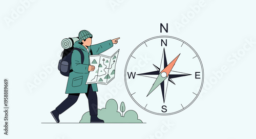 Adventurous Hiker Consults Map Beside Navigation Compass